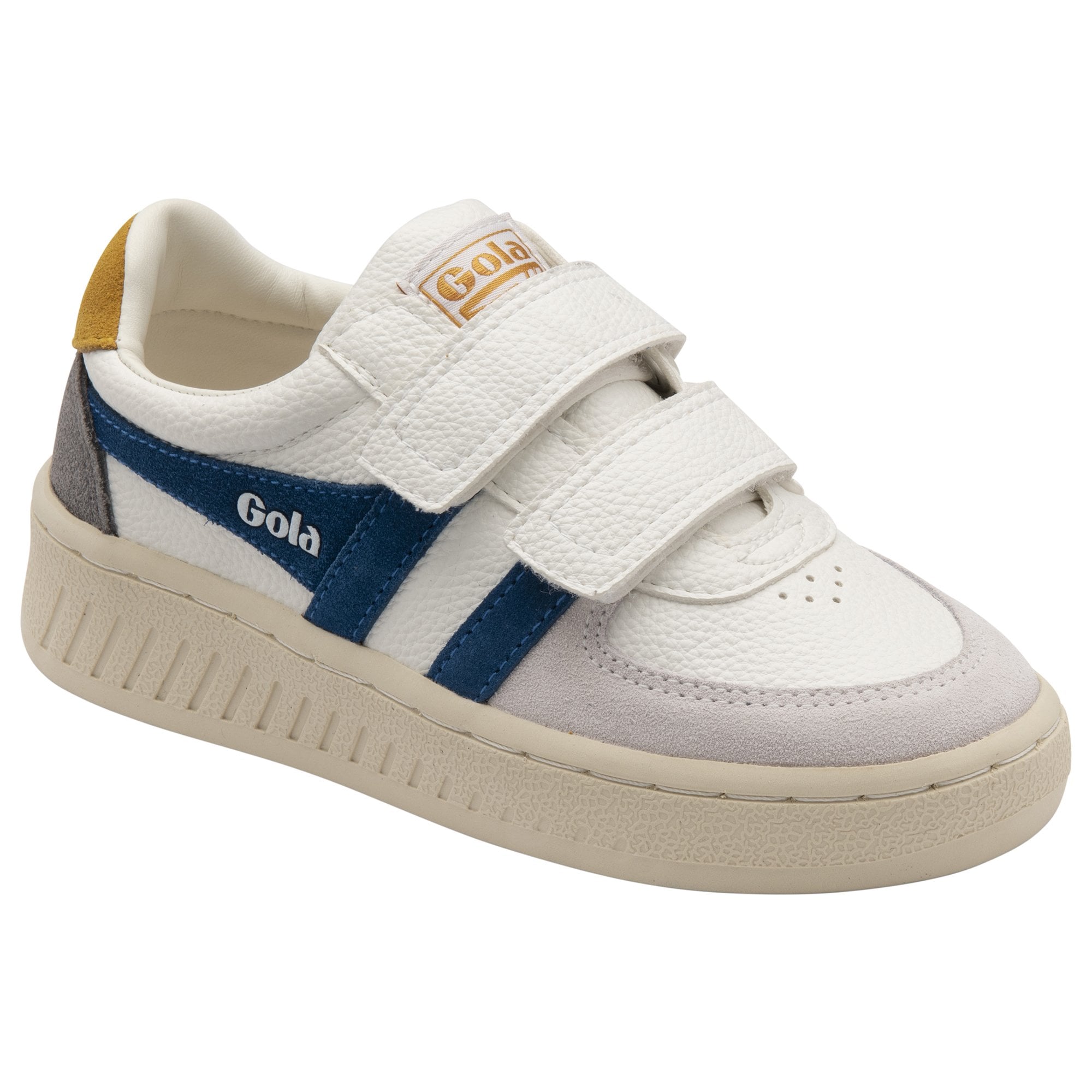 A white Gola sneaker with blue stripes and a yellow heel tab, featuring white velcro straps.
