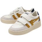 Pair of white Gola sneakers with mustard stripes, navy, and grey accents.