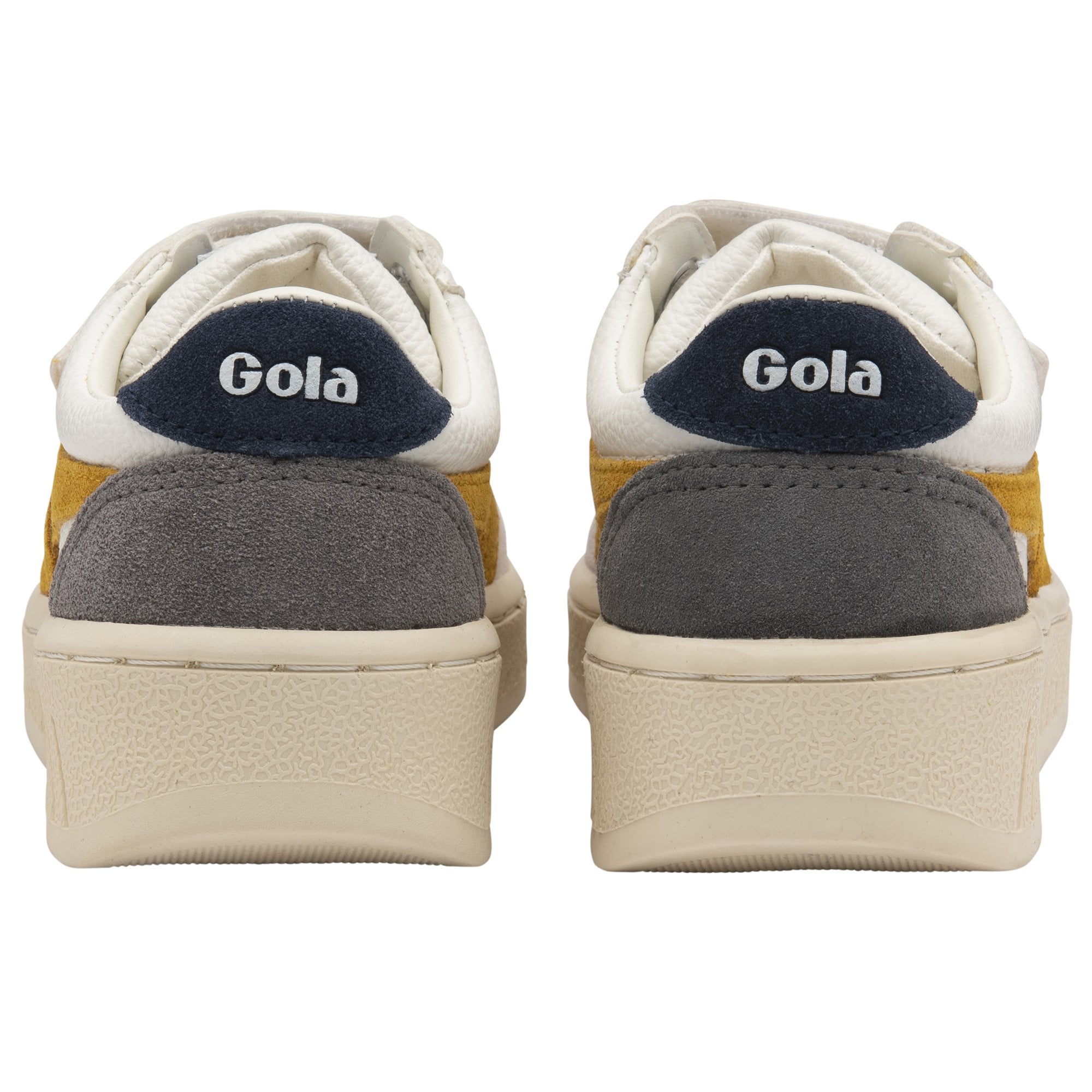 Rear view of a pair of Gola sneakers, showing the white and navy heel.