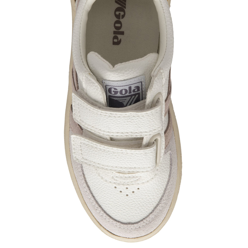 A top-down view of a Gola kids sneaker with two hook and loop fasteners on a white background.