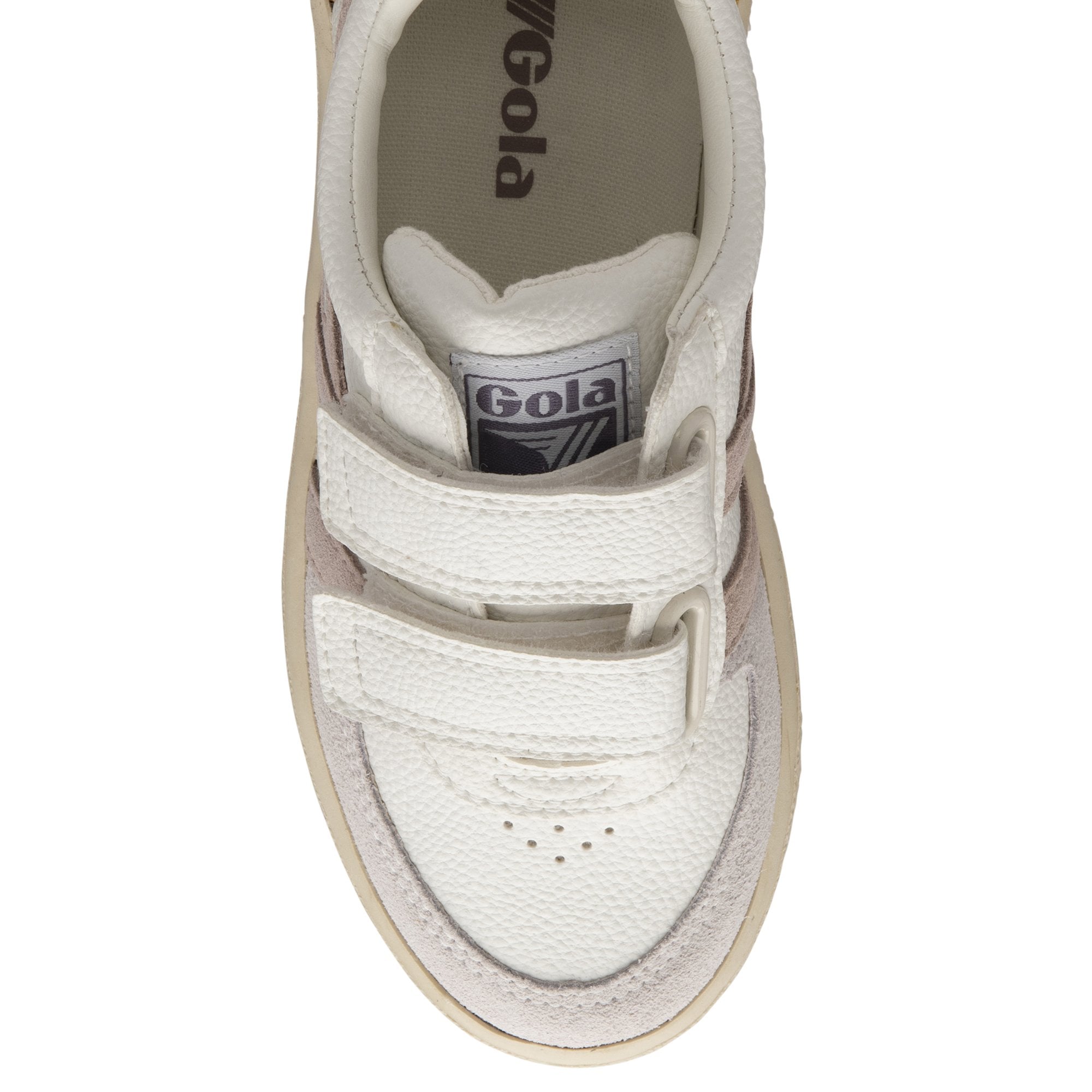 A top-down view of a Gola kids sneaker with two hook and loop fasteners on a white background.