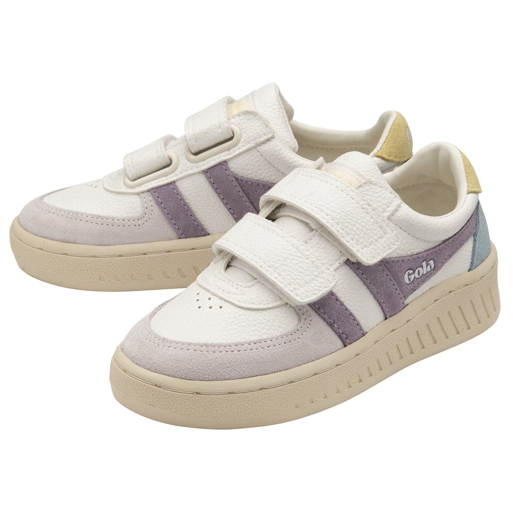 A pair of white Gola kids sneakers with purple and blue accents, side by side.