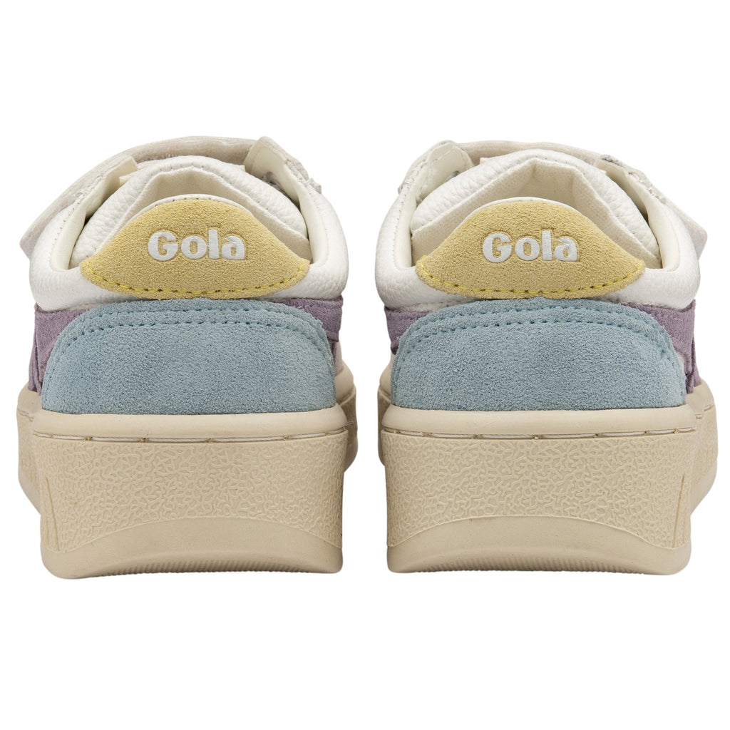 Rear view of a pair of white Gola kids sneakers, showcasing the blue and yellow heels.