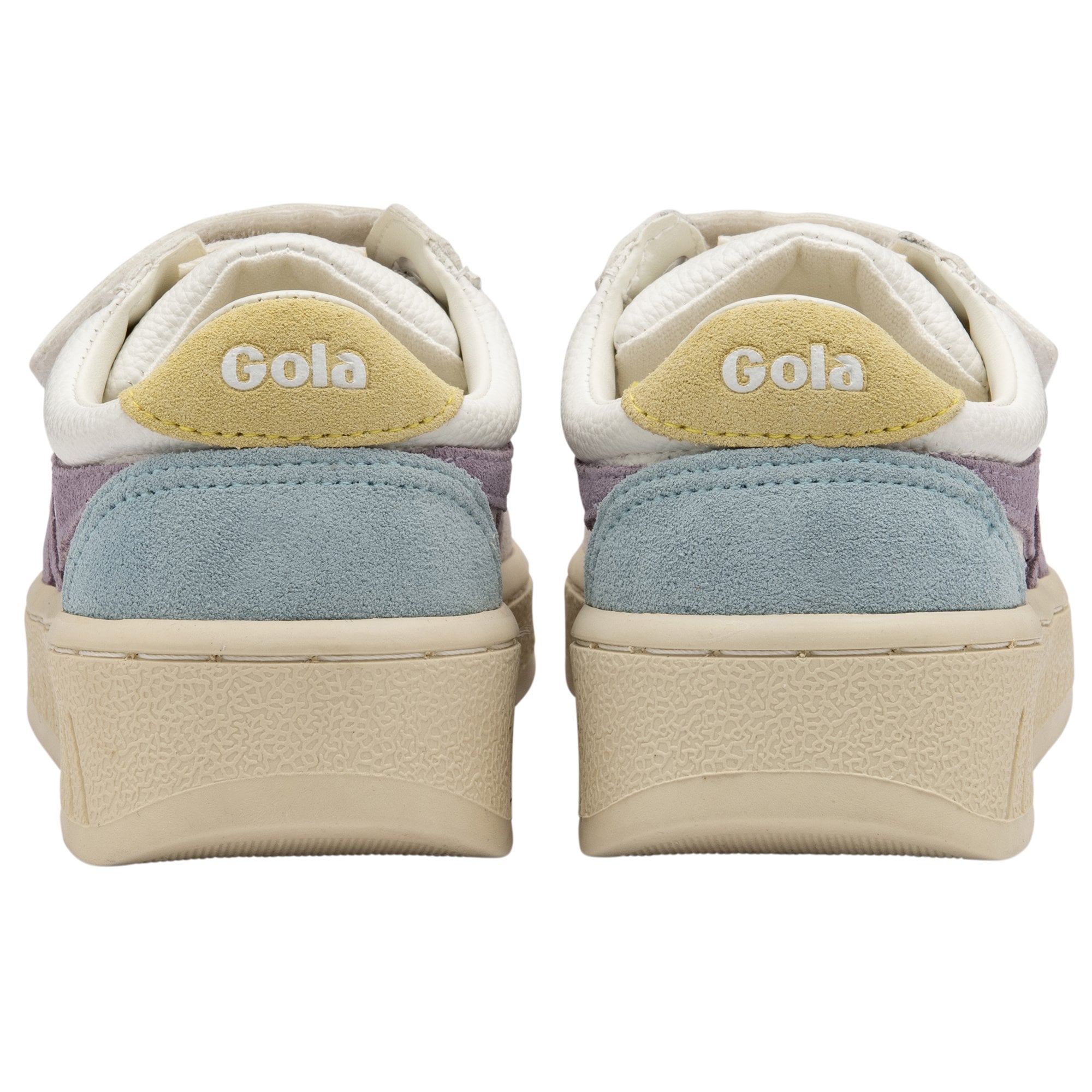Rear view of a pair of white Gola kids sneakers, showcasing the blue and yellow heels.