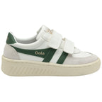 A child's white Gola sneakers with two green stripes and Velcro straps.