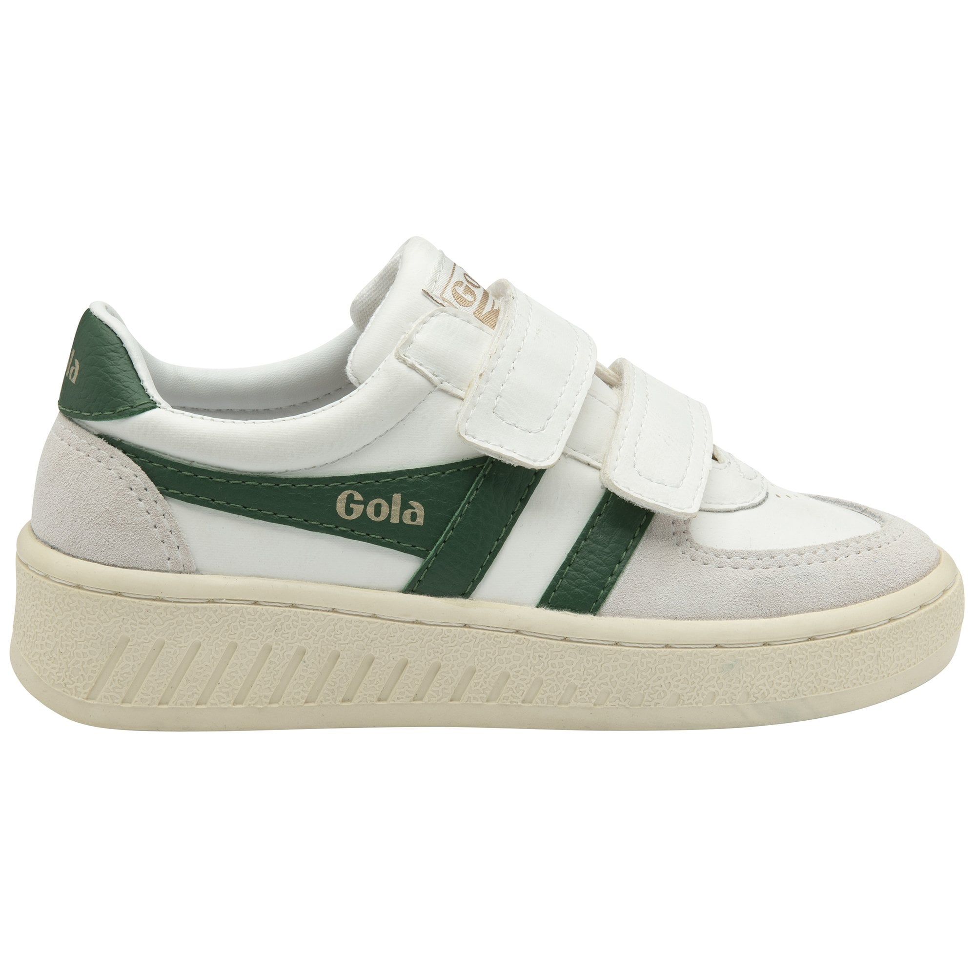 A child's white Gola sneakers with two green stripes and Velcro straps.