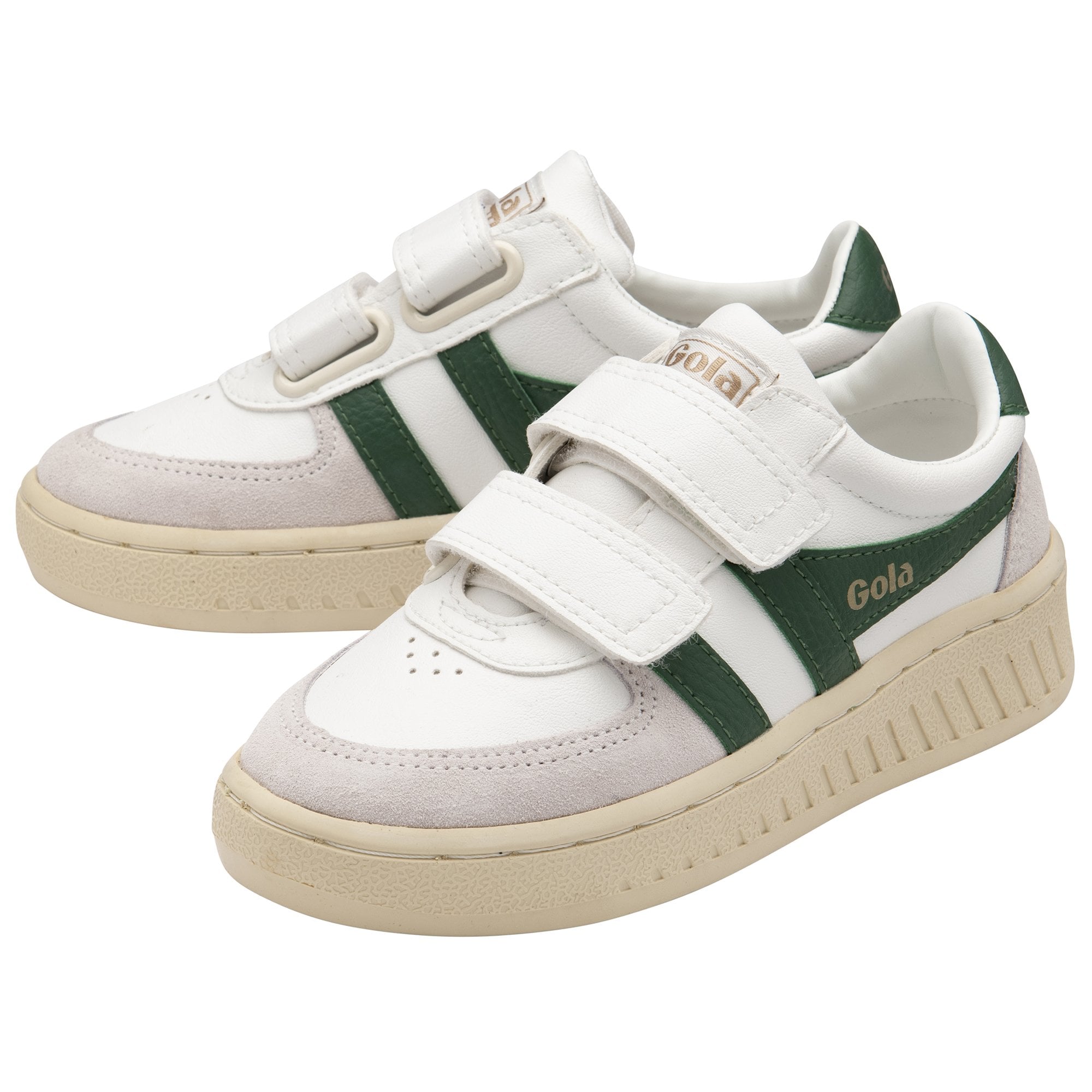 A pair of children's white Gola sneakers with green stripes and Velcro straps.