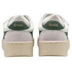 The heels of two white Gola sneakers with green trim.