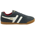 Side profile of a Gola men's sneaker in dark grey with white stripes and a gum sole.