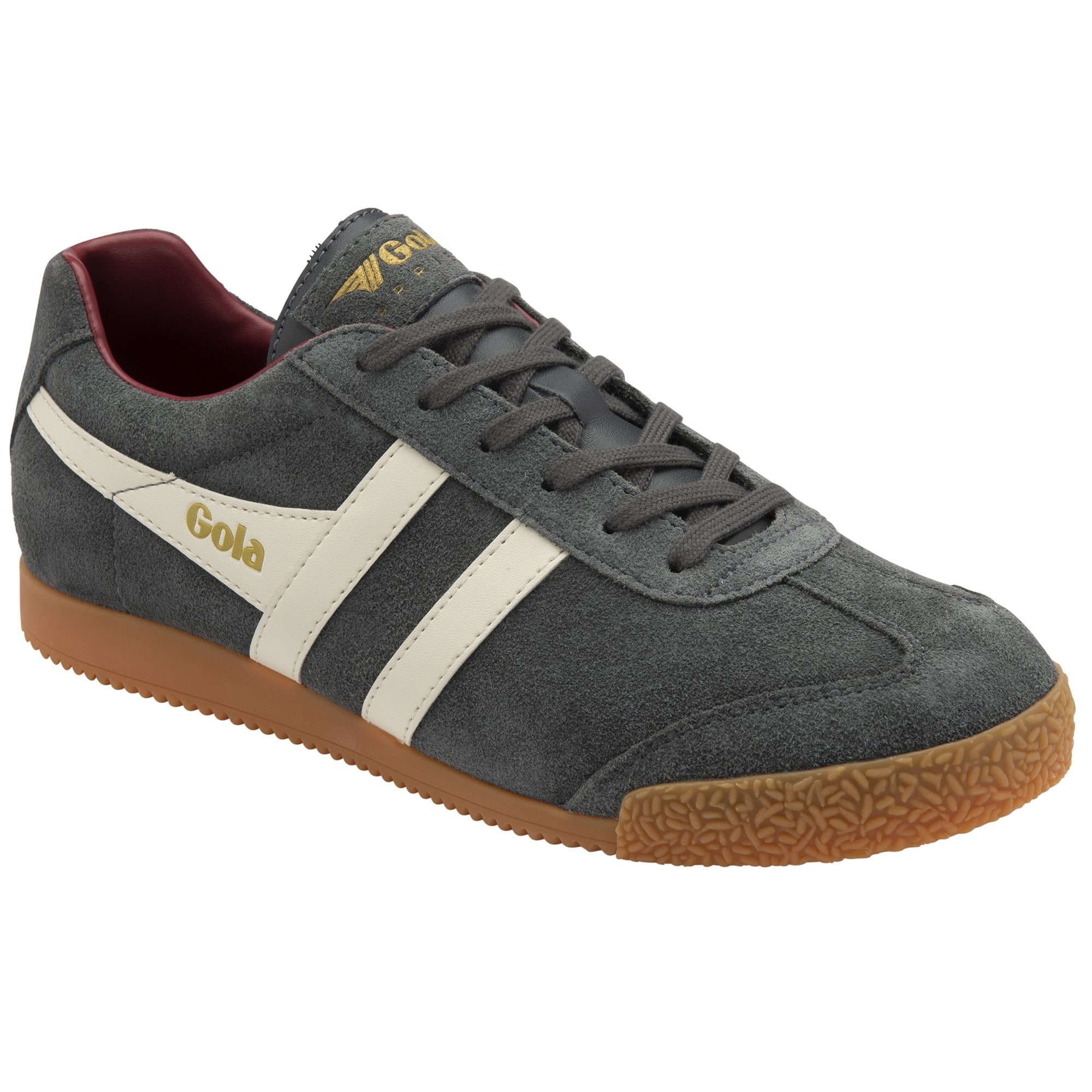 Angled view of a Gola men's sneaker in dark grey with white stripes and a gum sole.