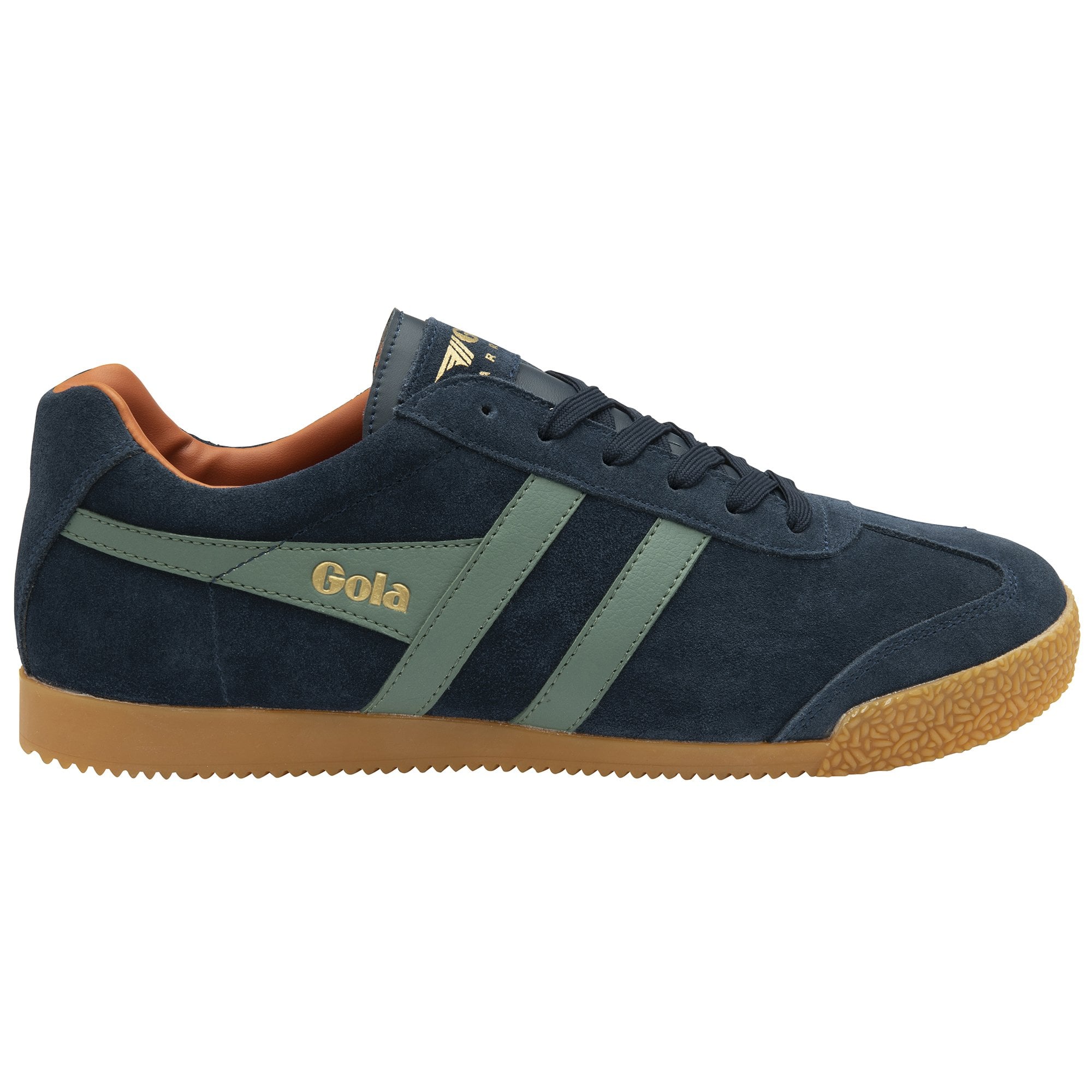 A single Gola men's Harrier sneaker in navy and khaki, side profile.