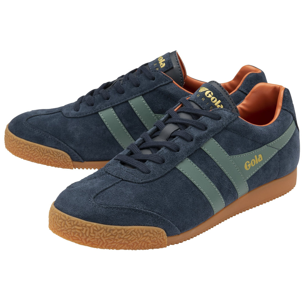 A pair of Gola men's Harrier sneakers in navy and khaki, angled view.