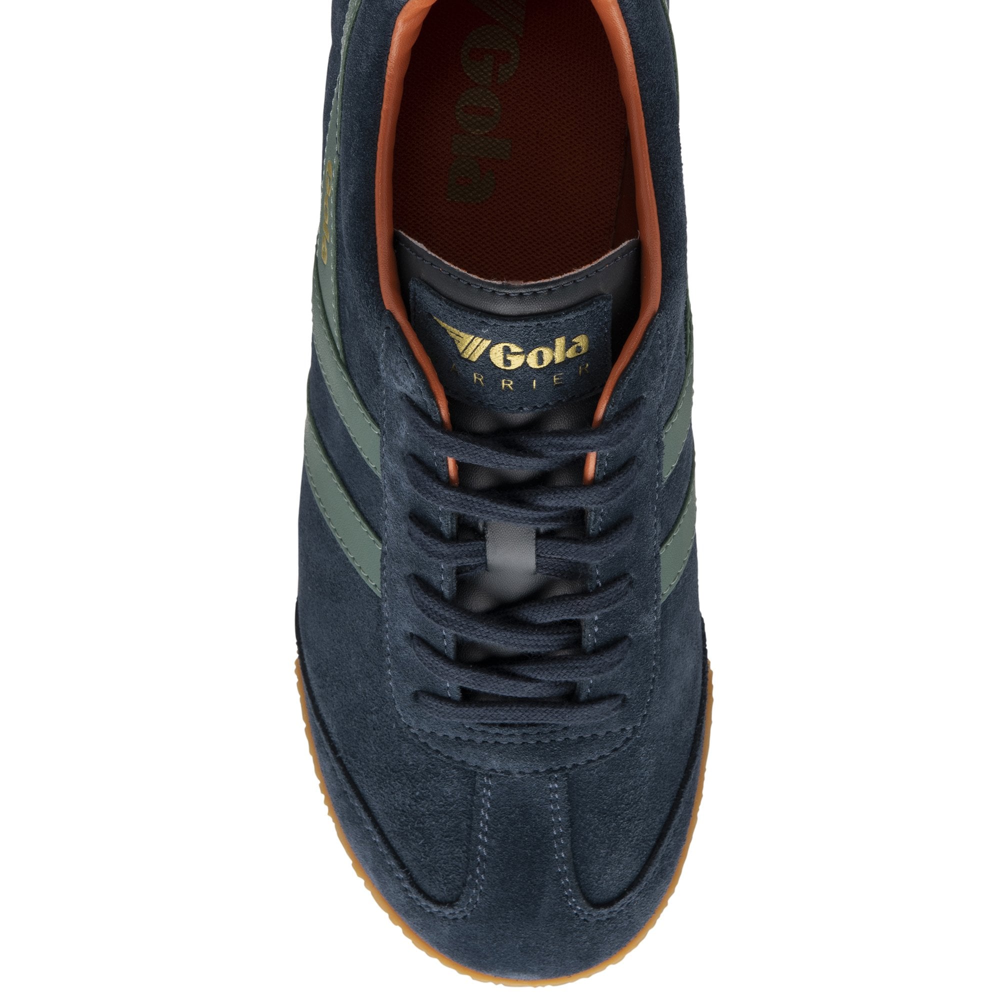 A single Gola men's Harrier sneaker in navy and khaki, top down view.