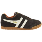 Brown Gola Harrier suede trainers with white stripes and gum sole, side view.