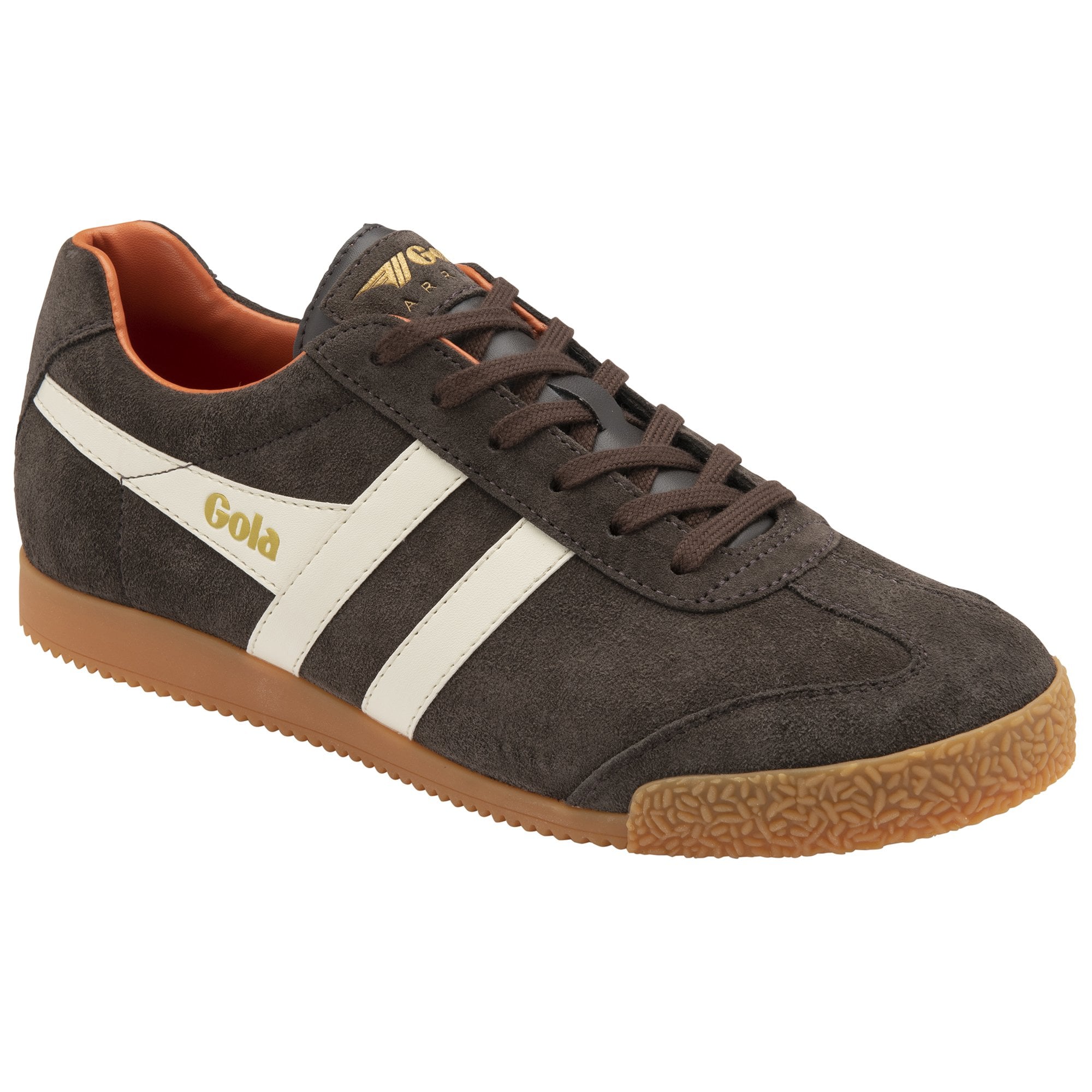 Brown Gola Harrier suede trainers with white stripes and gum sole, angled front view.