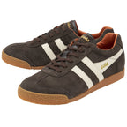 Pair of brown Gola Harrier suede trainers with white stripes and gum soles, angled view.