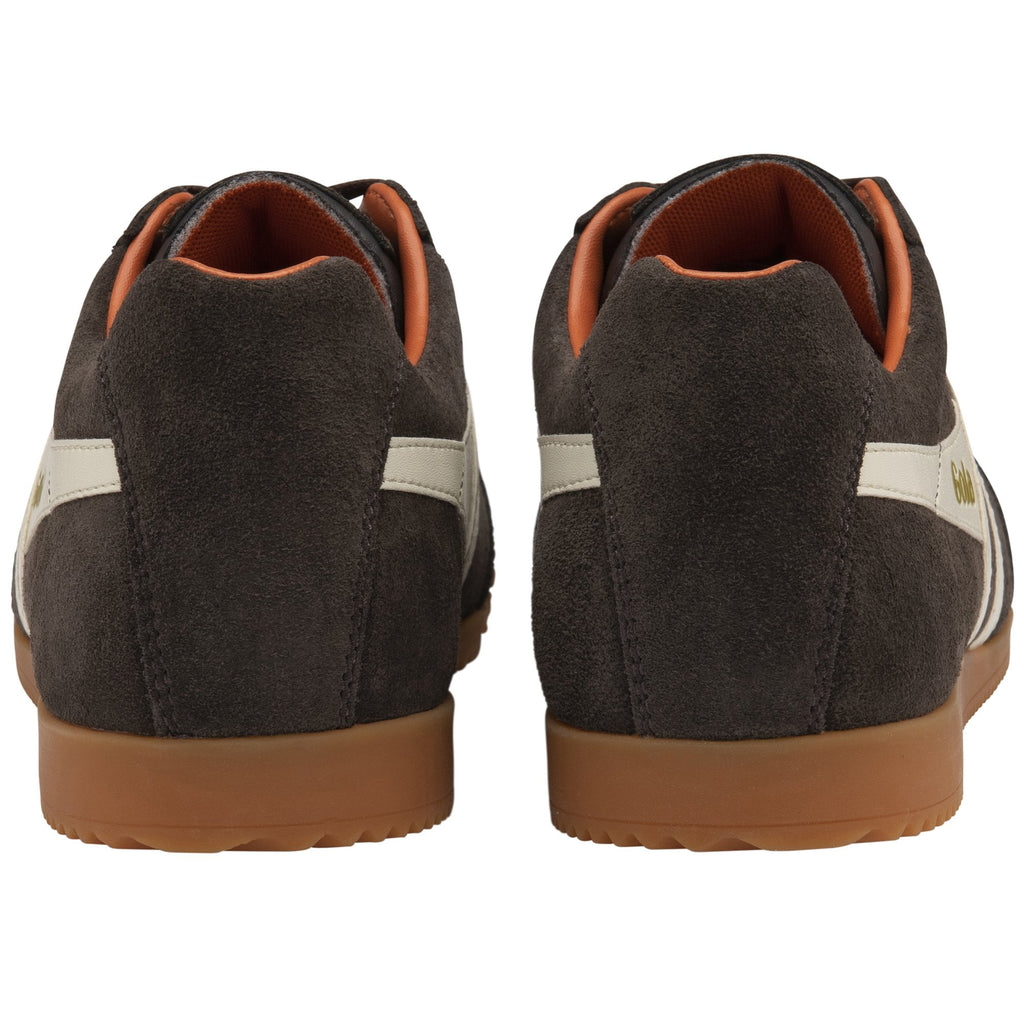 Back view of a pair of brown Gola Harrier suede trainers with white stripes.
