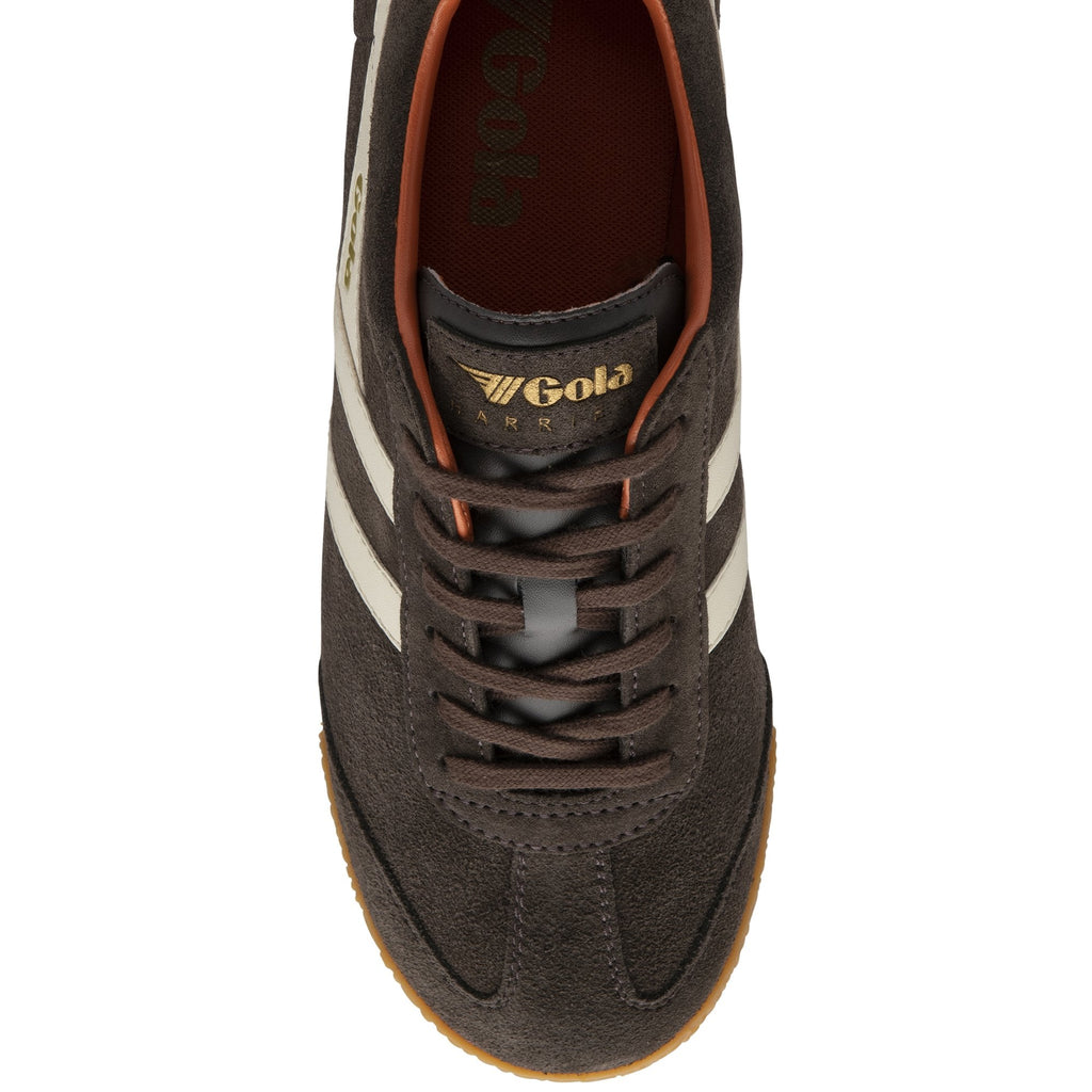 Top down view of brown Gola Harrier suede trainer with white stripes and brown laces.