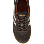 Top down view of brown Gola Harrier suede trainer with white stripes and brown laces.