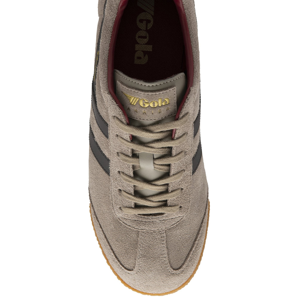 A top view of the light brown Gola shoes with dark stripes on its side.