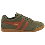 Side profile of a Gola men's Harrier trainer in khaki with red accents.