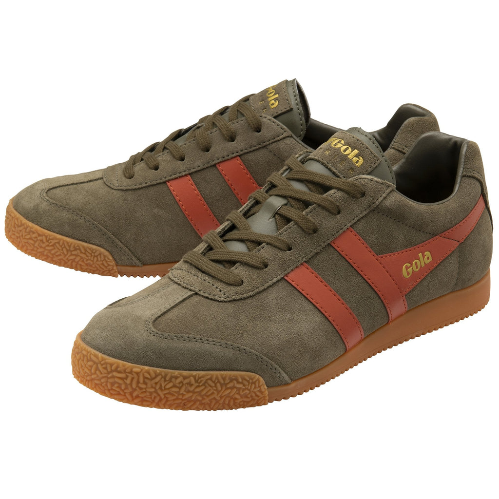 Pair of Gola men's Harrier trainers in khaki with red accents from a 3/4 view.