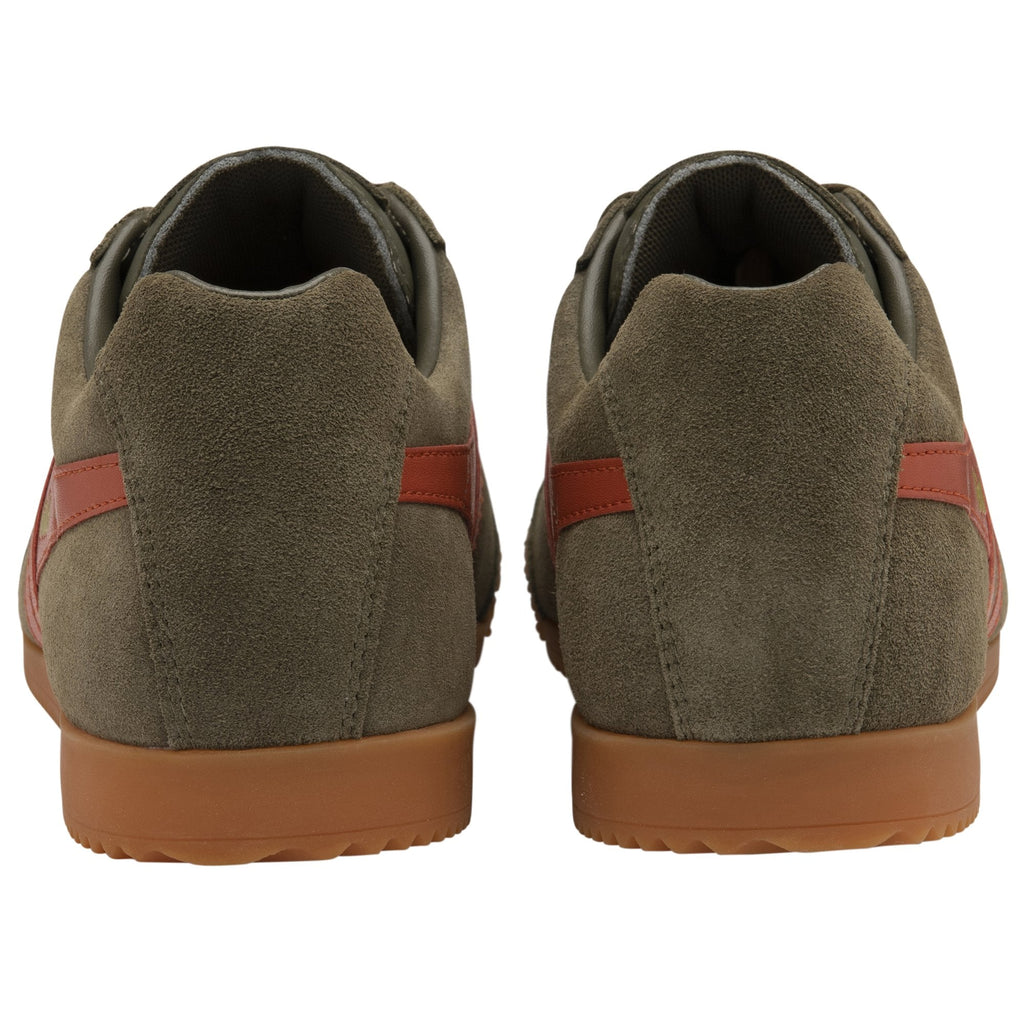 Rear view of a pair of Gola men's Harrier trainers in khaki with red accents.