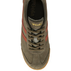 Top down view of a Gola men's Harrier trainer in khaki with red accents.