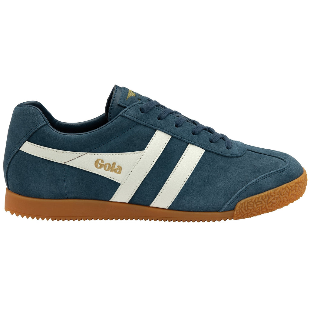 Side profile of a single navy Gola sneaker with white stripes and a gum sole.