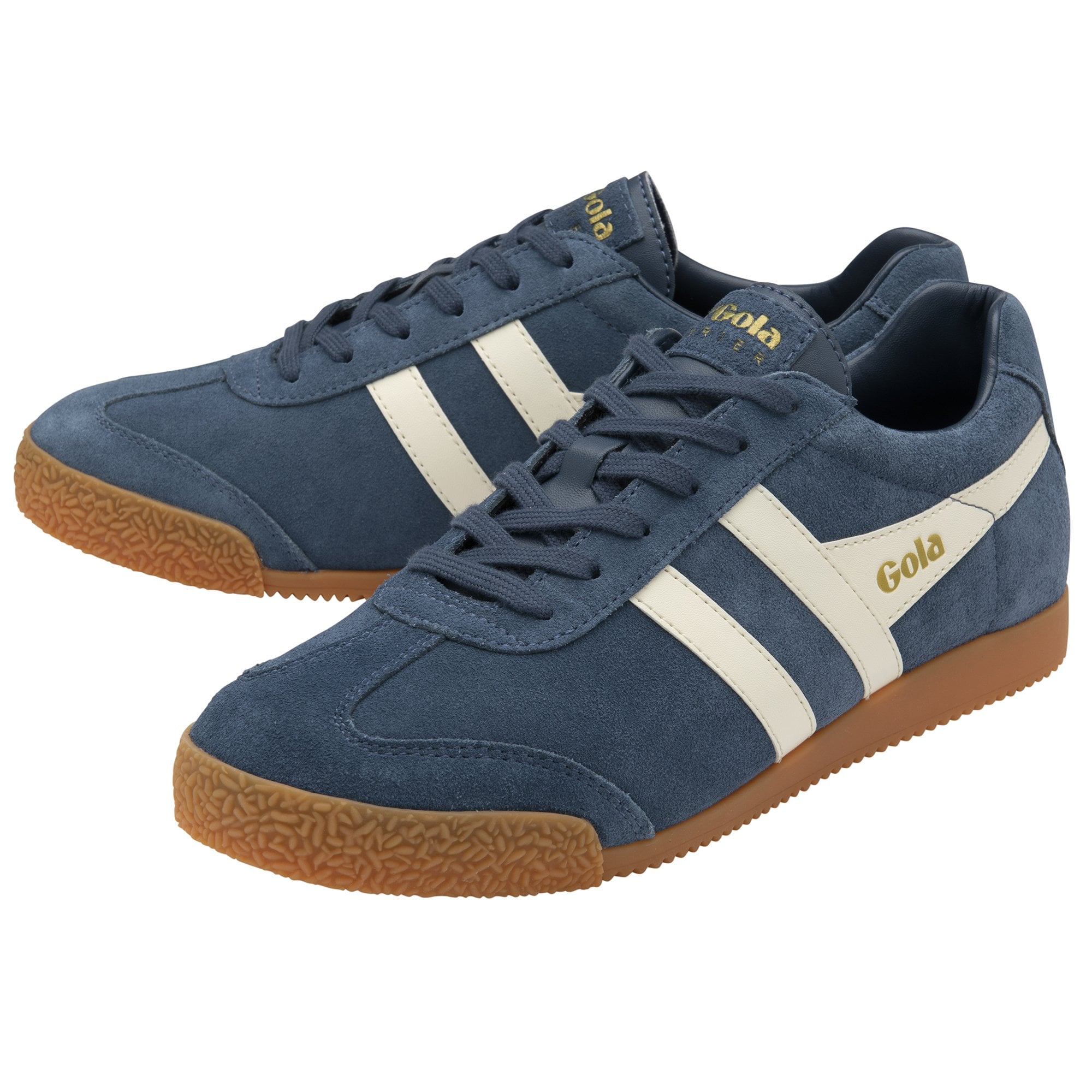 Pair of navy Gola sneakers, showing both shoes with white stripes and gum soles.
