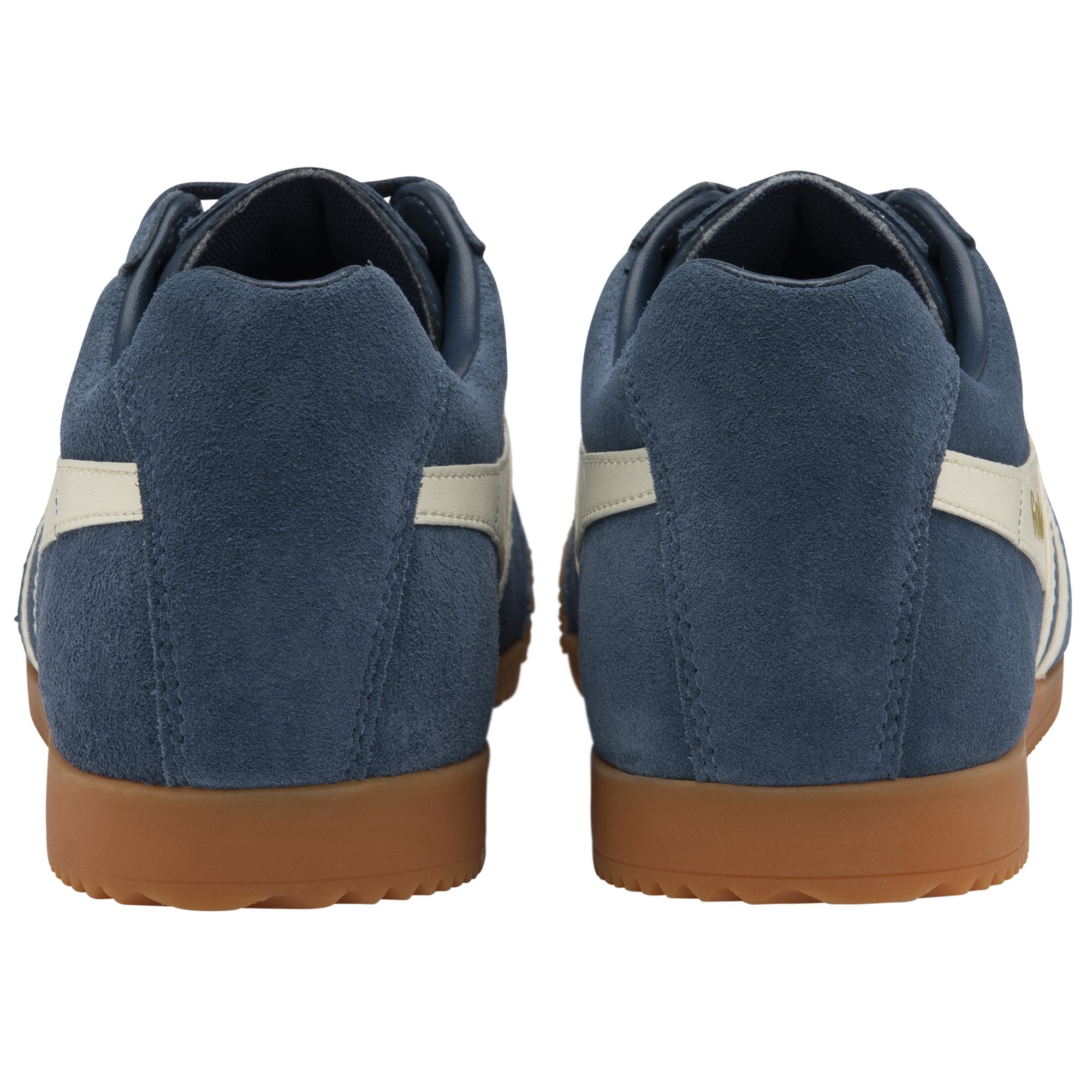Back view of two navy Gola sneakers, highlighting the heel and gum sole.