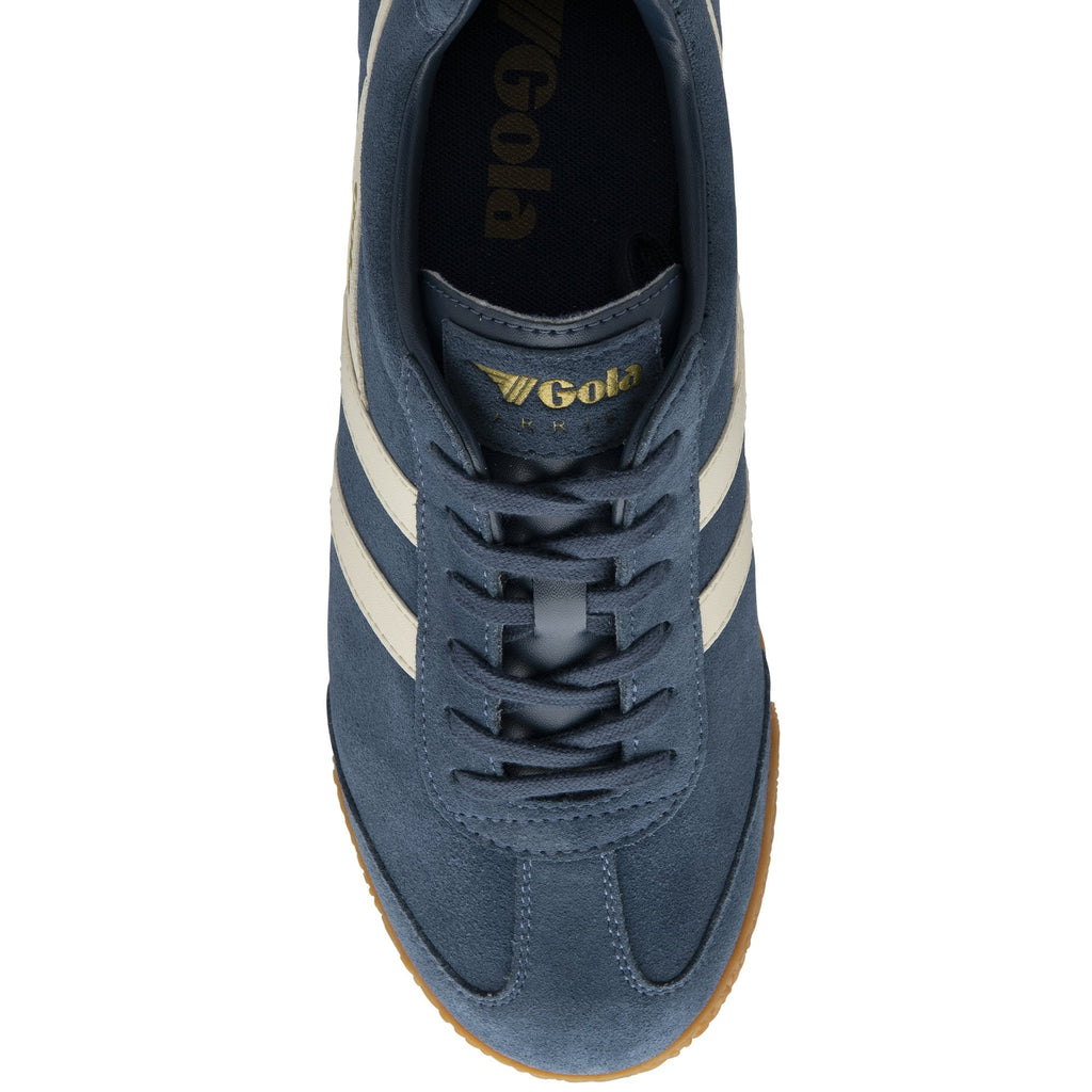 Top-down view of a navy Gola sneaker, focusing on laces, white stripes, and toe.