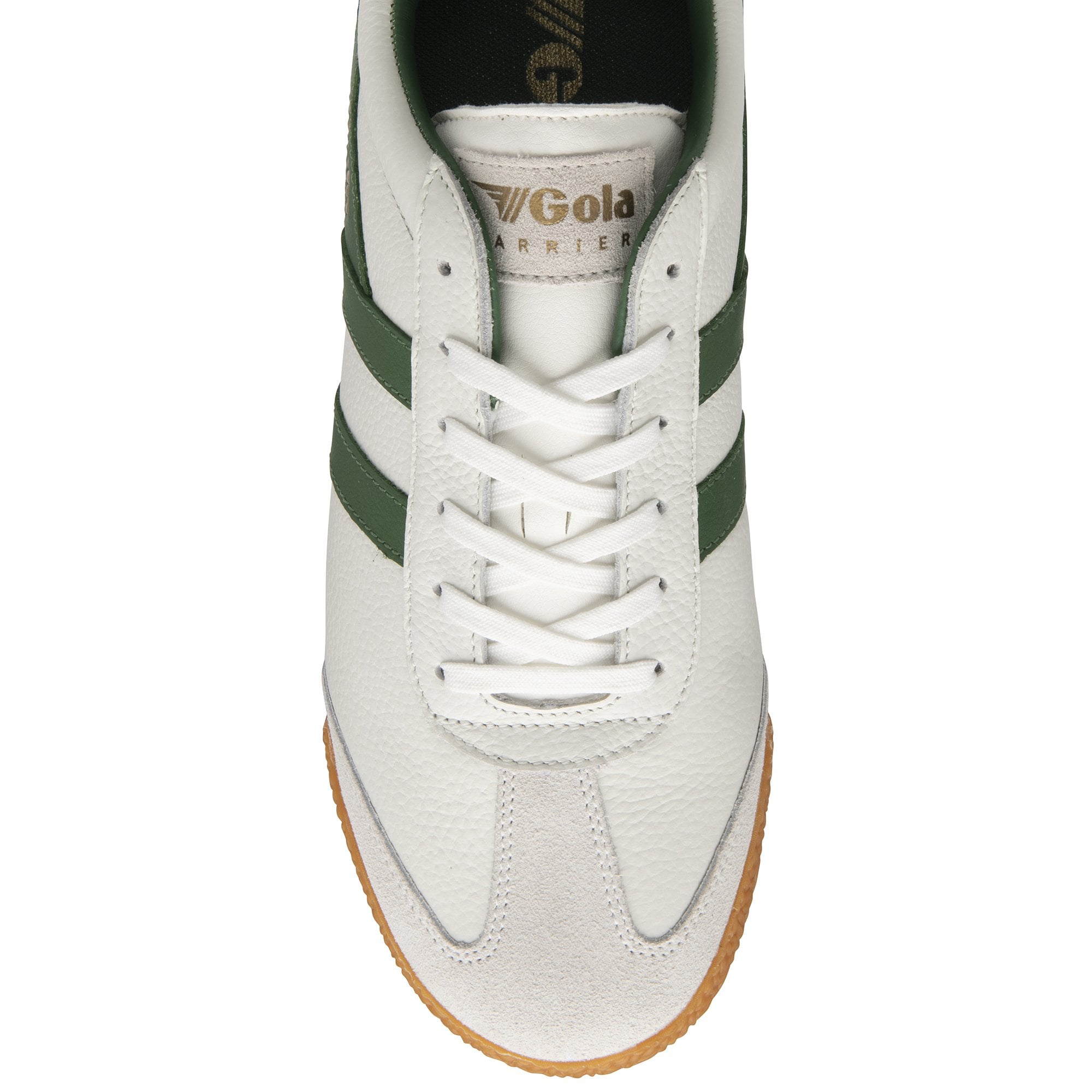 The top-down view of a single white Gola Harrier trainer with green stripes and white laces.