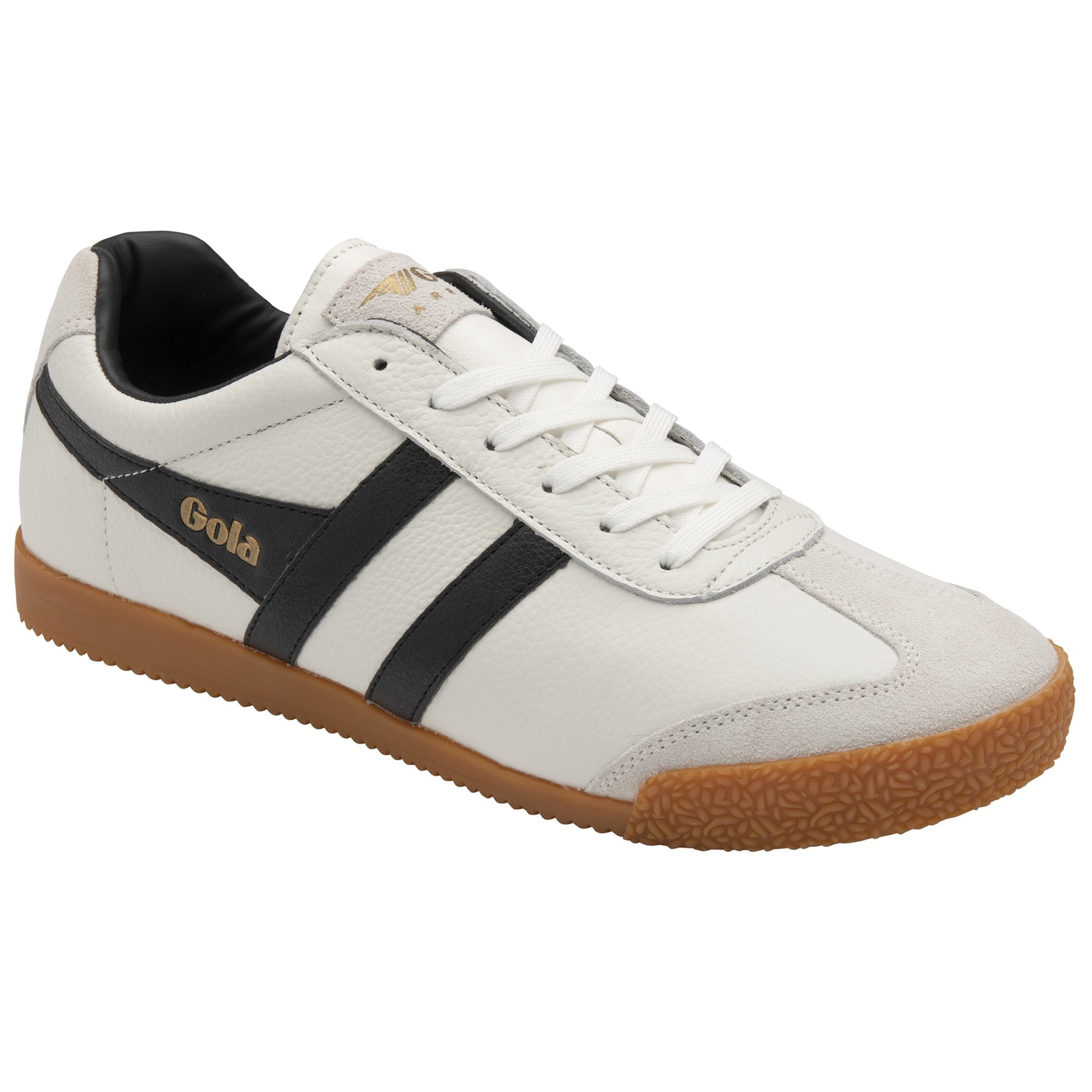 Angled view of a Gola Harrier trainer, white leather with black stripes and a gum sole.