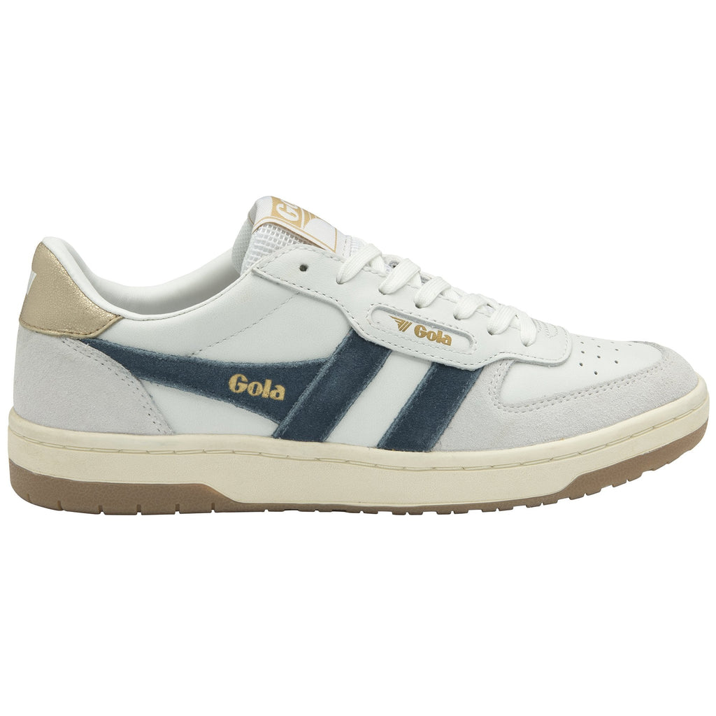 A white and navy Gola sneaker is positioned from a left side angle on a white background.