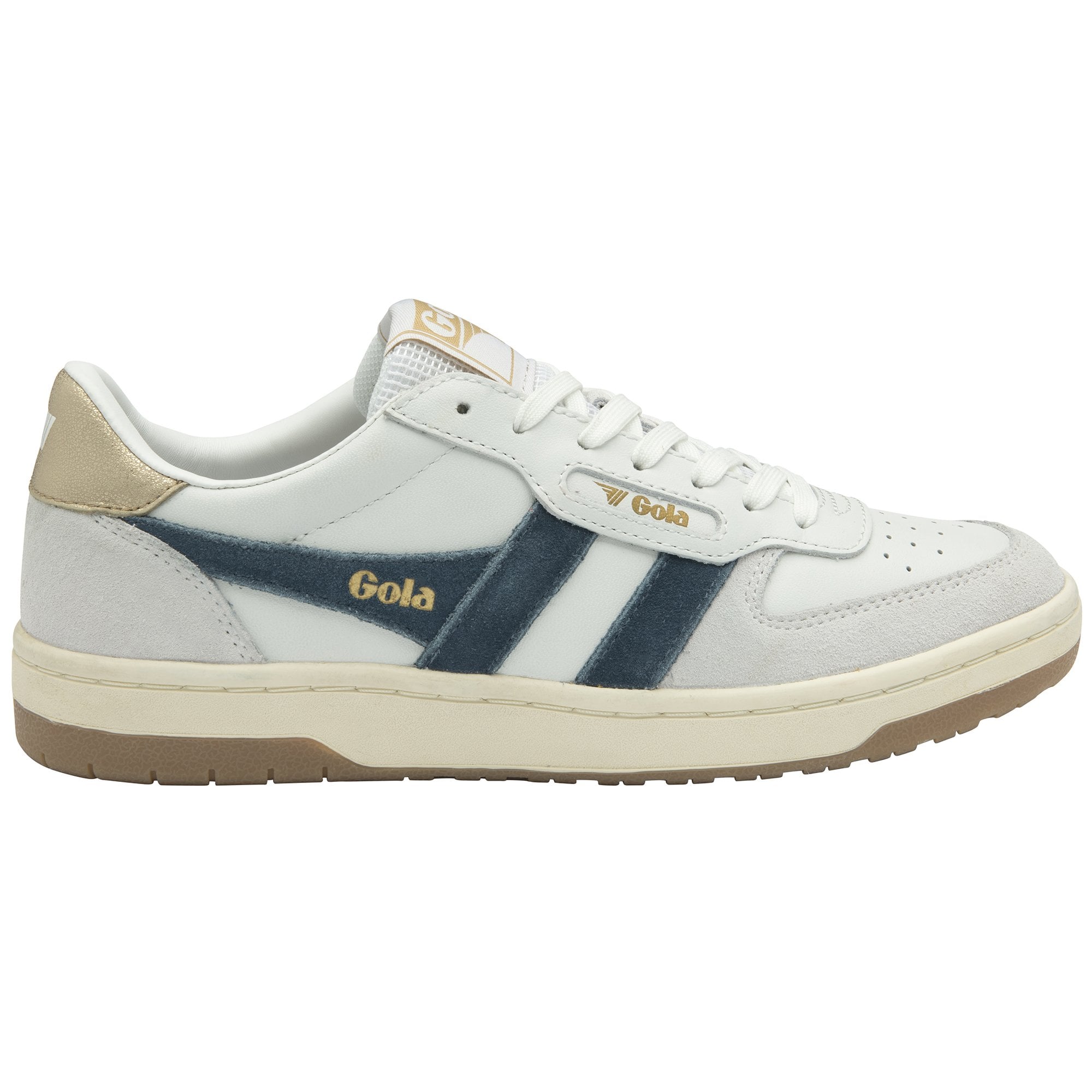 A white and navy Gola sneaker is positioned from a left side angle on a white background.