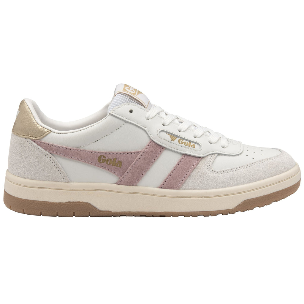A single white trainer with pink stripes and a gold heel tab is displayed from the side.