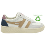 A white Gola sneaker with tan, navy, and pink accents, featuring a recycled symbol.