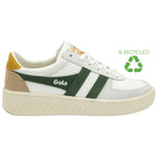A white Gola shoe with a green stripe and the recycling logo.