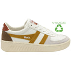 A white Gola sneaker with mustard stripes and brown accents, promoting recycled materials.