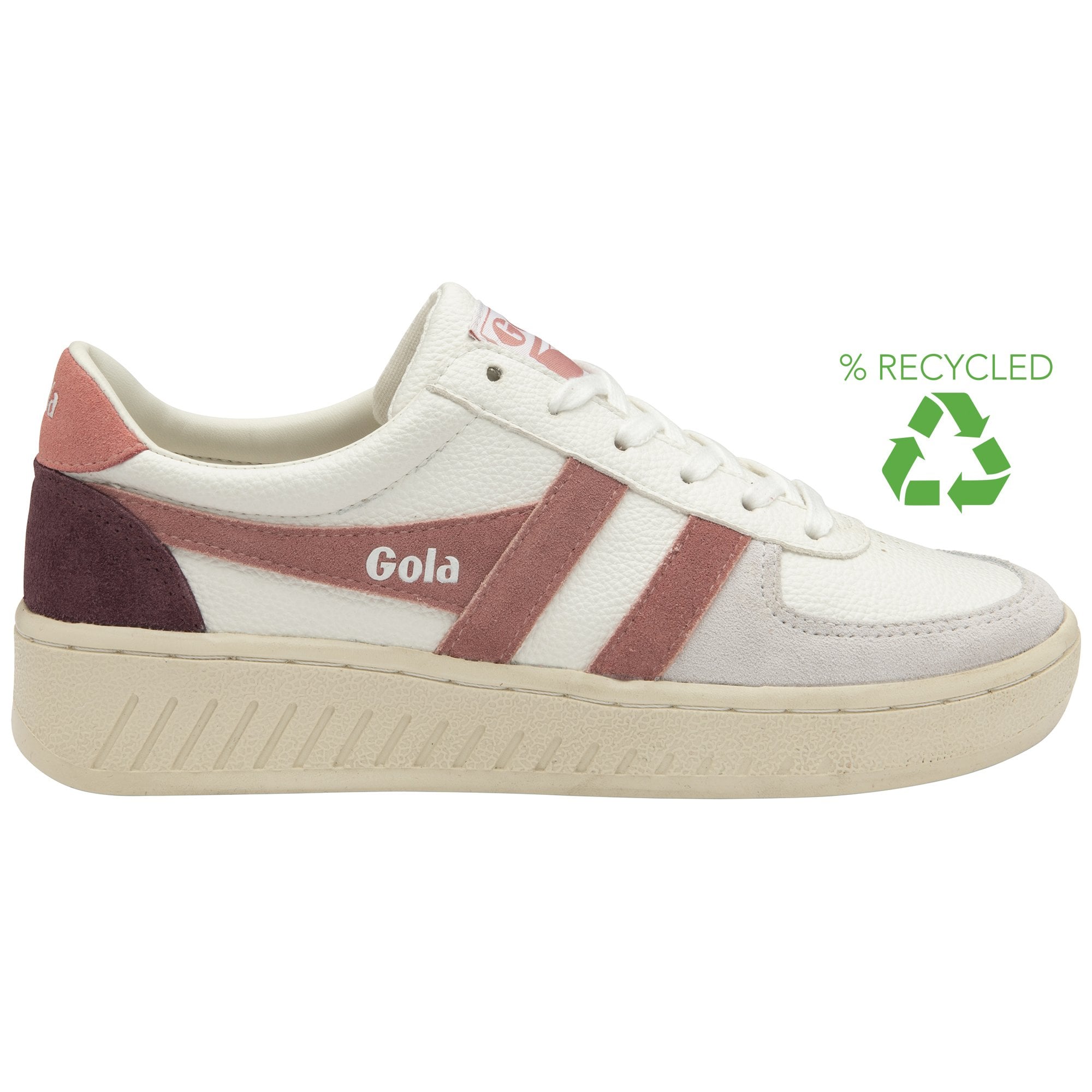 A white and pink Gola sneaker with a recycled logo.