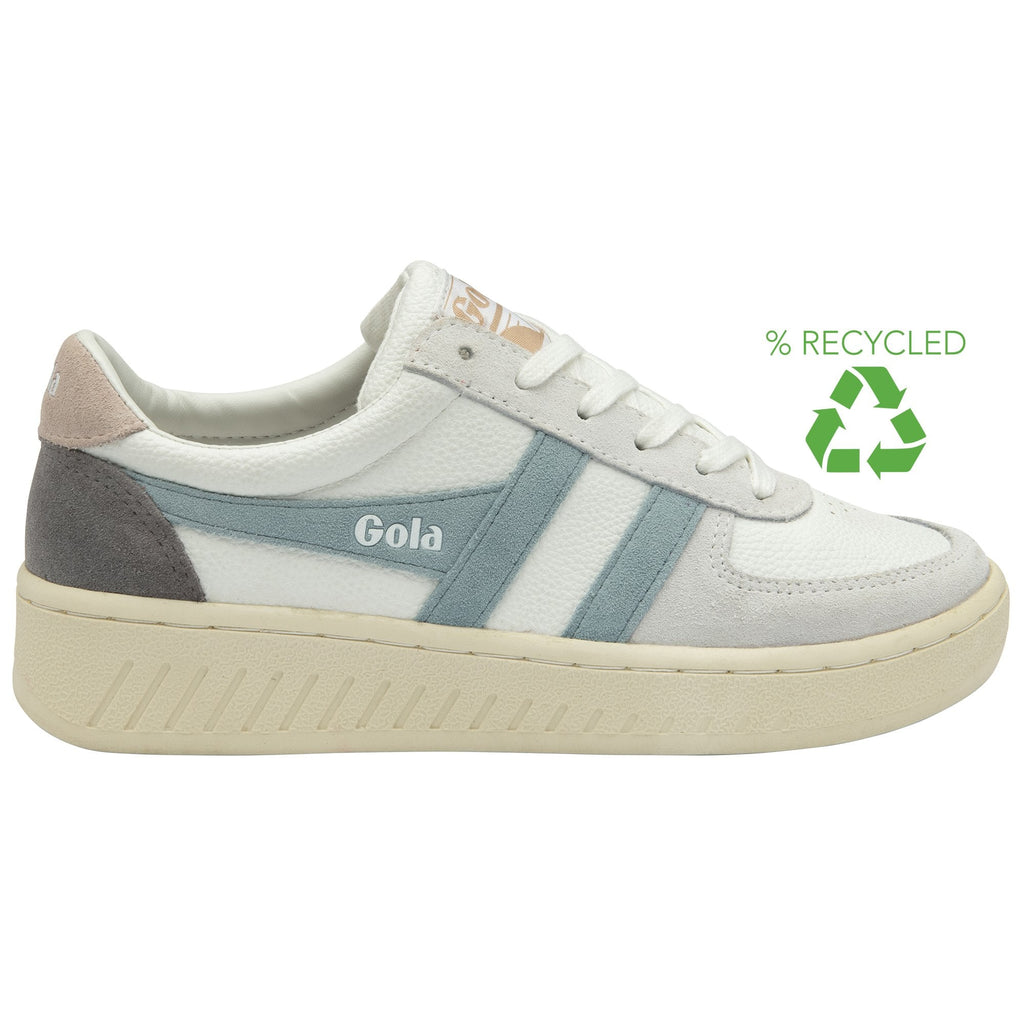 A white Gola sneaker with blue stripes and a recycled logo.