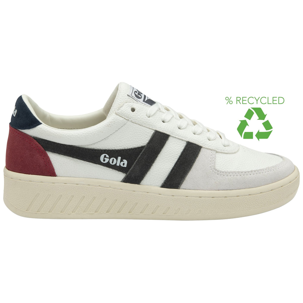 Side profile of a white Gola sneaker with black stripes, red and blue accents, and a recycled logo.