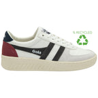 Side profile of a white Gola sneaker with black stripes, red and blue accents, and a recycled logo.