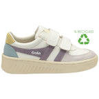 A white Gola kids sneaker with purple and blue accents, featuring a 'recycled' symbol.