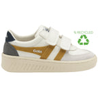 Side view of a white Gola sneaker with mustard stripes, dark blue and gray accents, and a recycled logo.