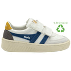A white Gola sneaker with blue stripes and a yellow heel tab, featuring a green recycled logo.