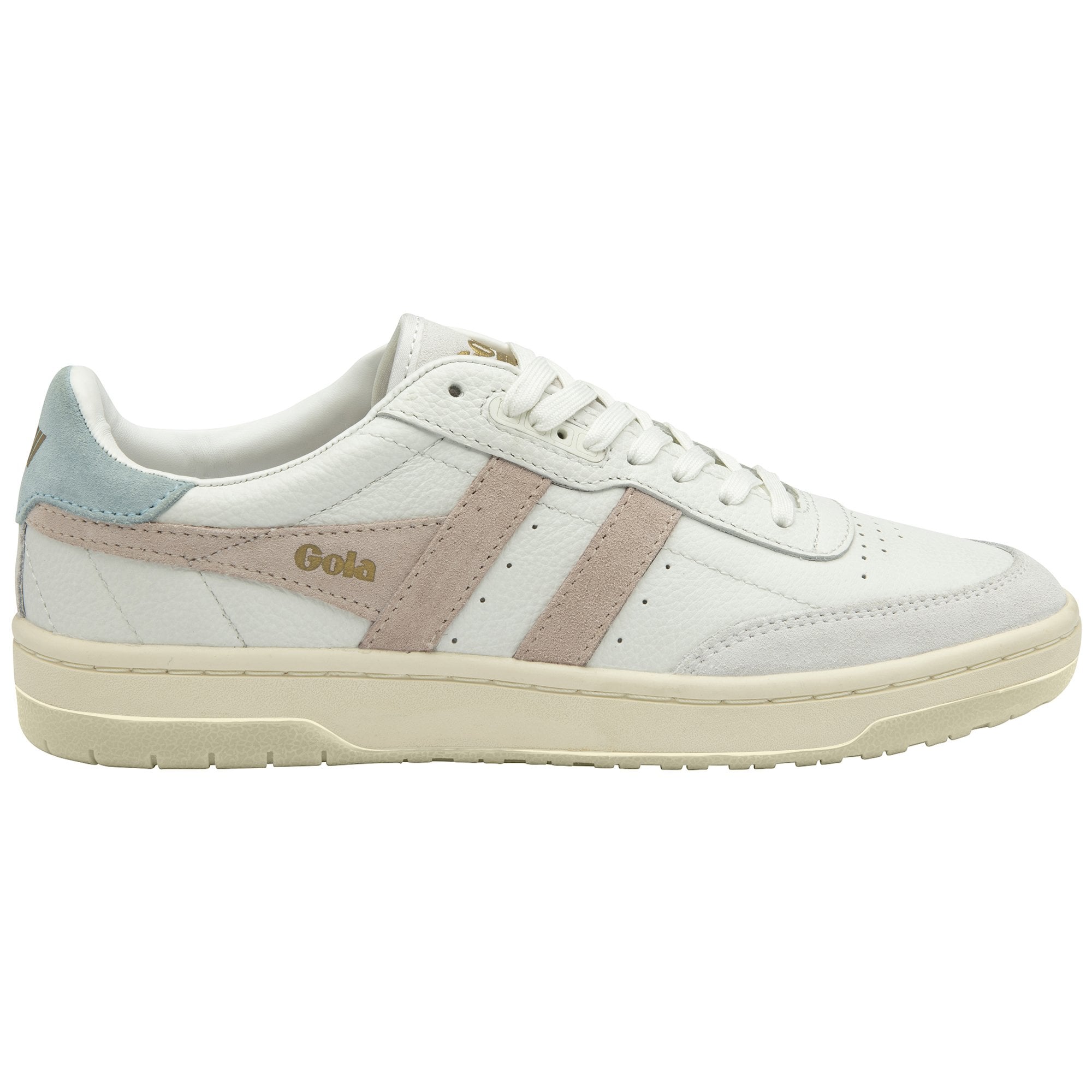 A single white Gola sneaker with pale pink and blue accents, viewed from the side.