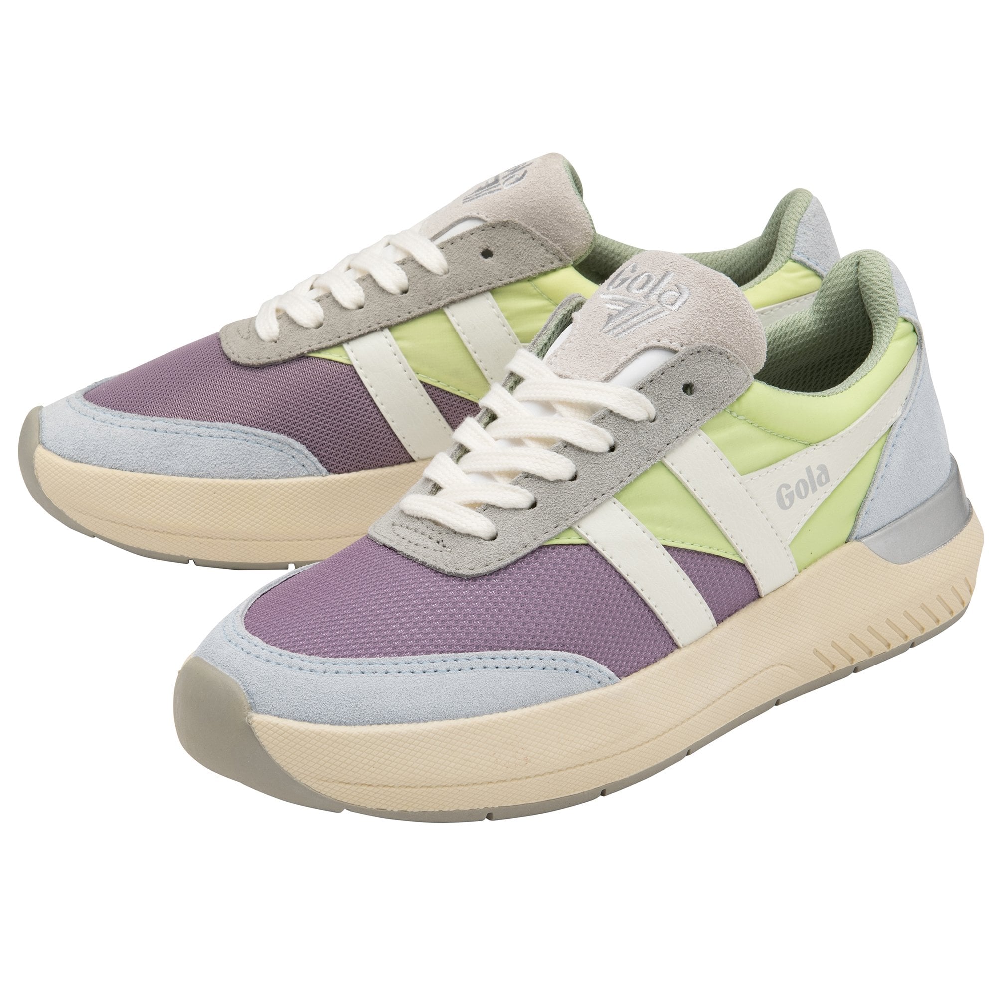 Two Gola Women's Daytona Sneakers in a purple, grey, and neon green colorway.