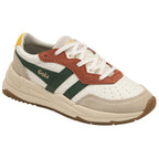 A single white Gola sneaker with green stripes and a yellow heel accent on a white background.